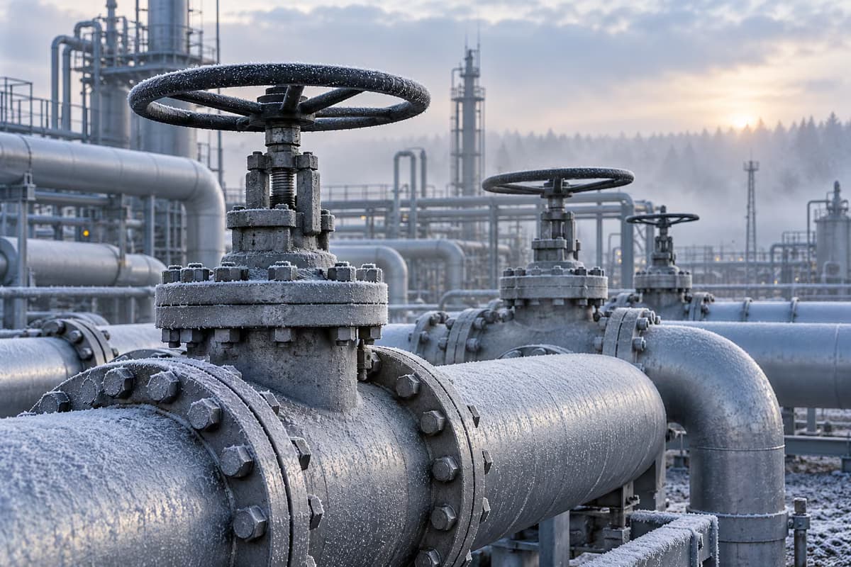 Крупний план вкритих інеєм промислових газових труб із великими штурвальними засувками на газовому підприємстві туманного зимового ранку.