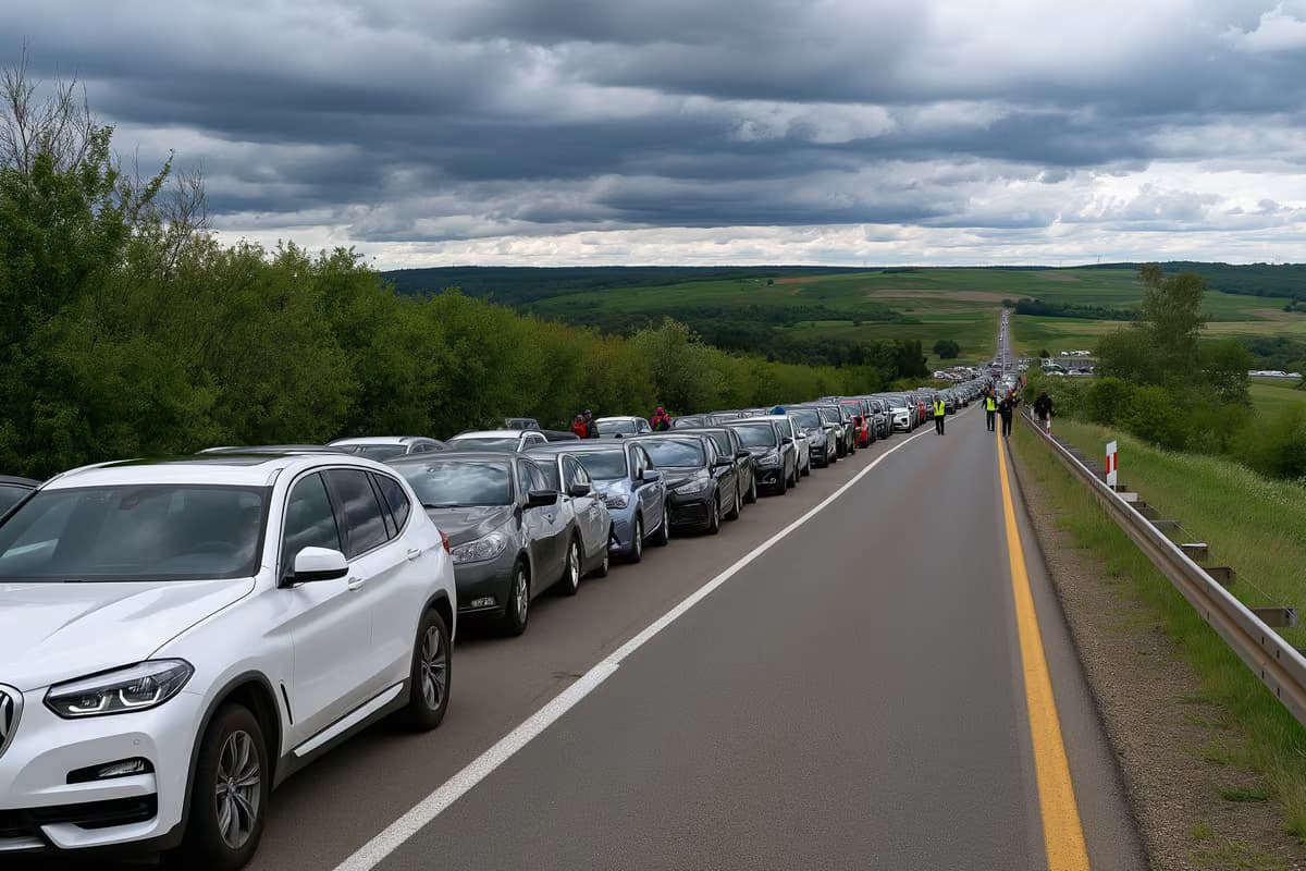 Автомобілі повільно шикуються в чергу повз тимчасовий контрольно-пропускний пункт на сільській дорозі поблизу баварського кордону під похмурим небом.