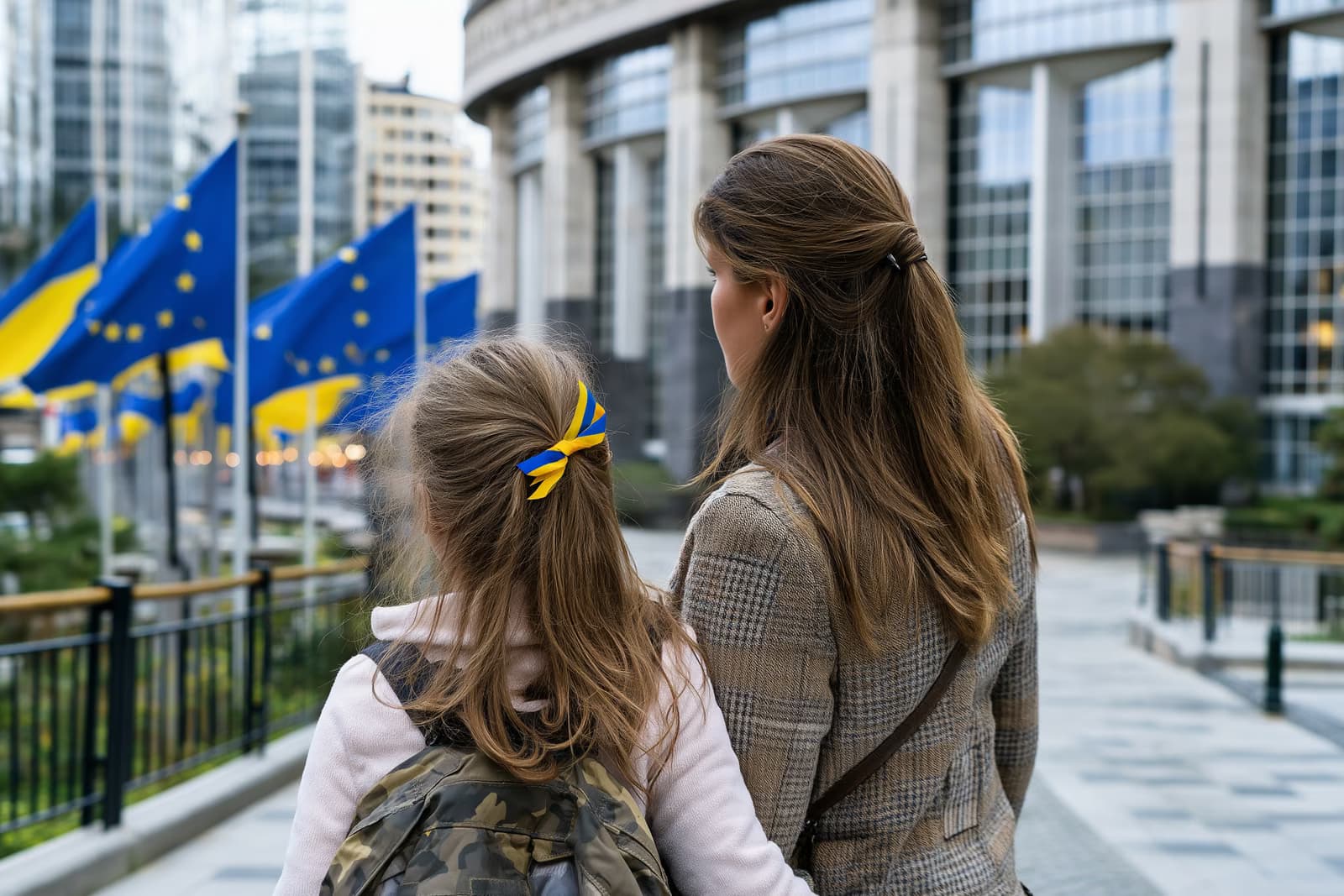 Українські мати та донька дивляться на прапори ЄС біля будівлі європейських інституцій після продовження тимчасового захисту України