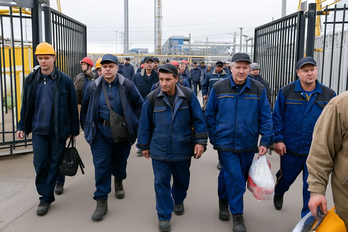 Заводські робітники в комбінезонах проходять через ворота заводу під час зміни зміни під хмарним небом