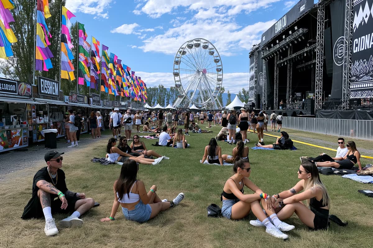 Фестивальна територія Lollapalooza Berlin вдень з барвистими прапорами, продуктовими кіосками та відвідувачами, що відпочивають на траві